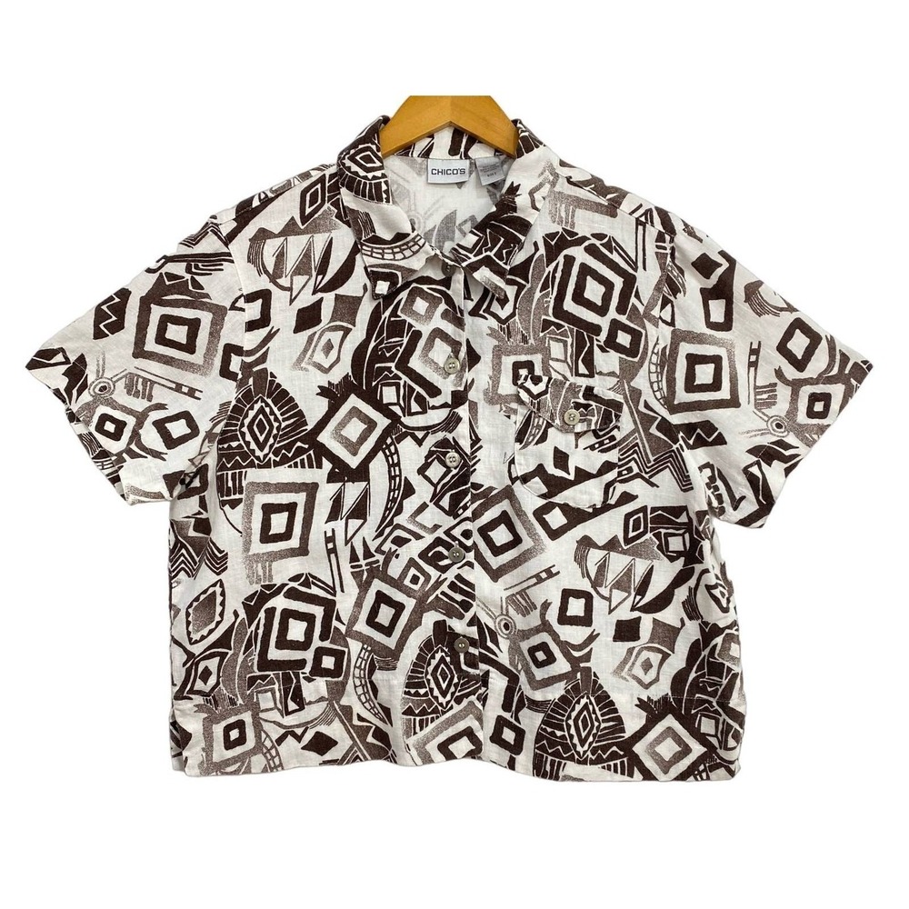 Chicos Shirt Large 2 Brown Linen Geometric Camp Top Gauze Safari Vacation Resort